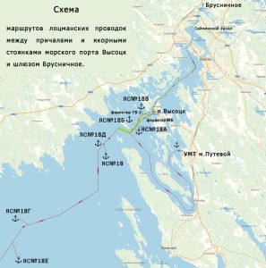 Plan of pilotage routes between the seaport of Vysotsk and Brusnichnoye gate
